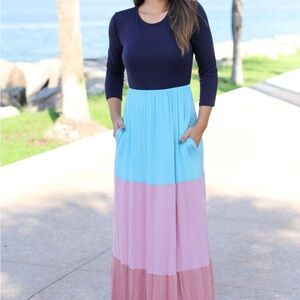 Bellamie Navy and Pastel Maxi Dress with pockets!